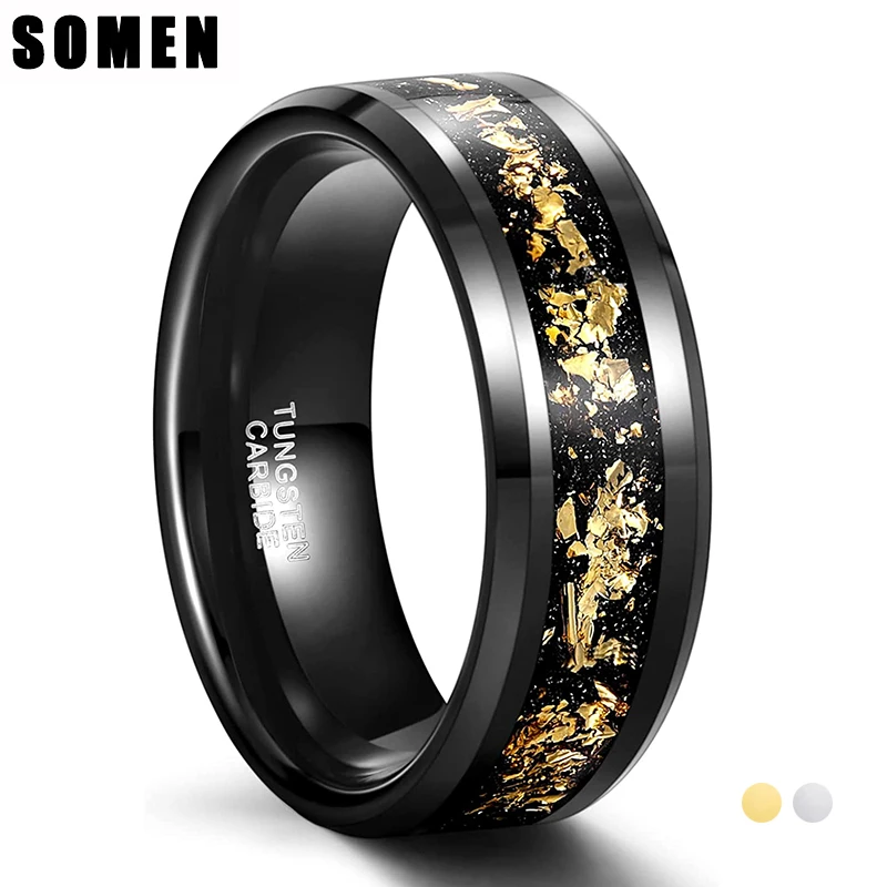 

Somen 8MM Tungsten Carbide Ring Mens Wedding Band with Black Sandstone and Gold Foil/Silver Silk Inlay Beveled Edge Comfort Fit