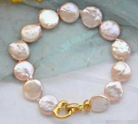

NATURAL 8" 13-14mm pink coin freshwater pearl bracelet Noble style Natural