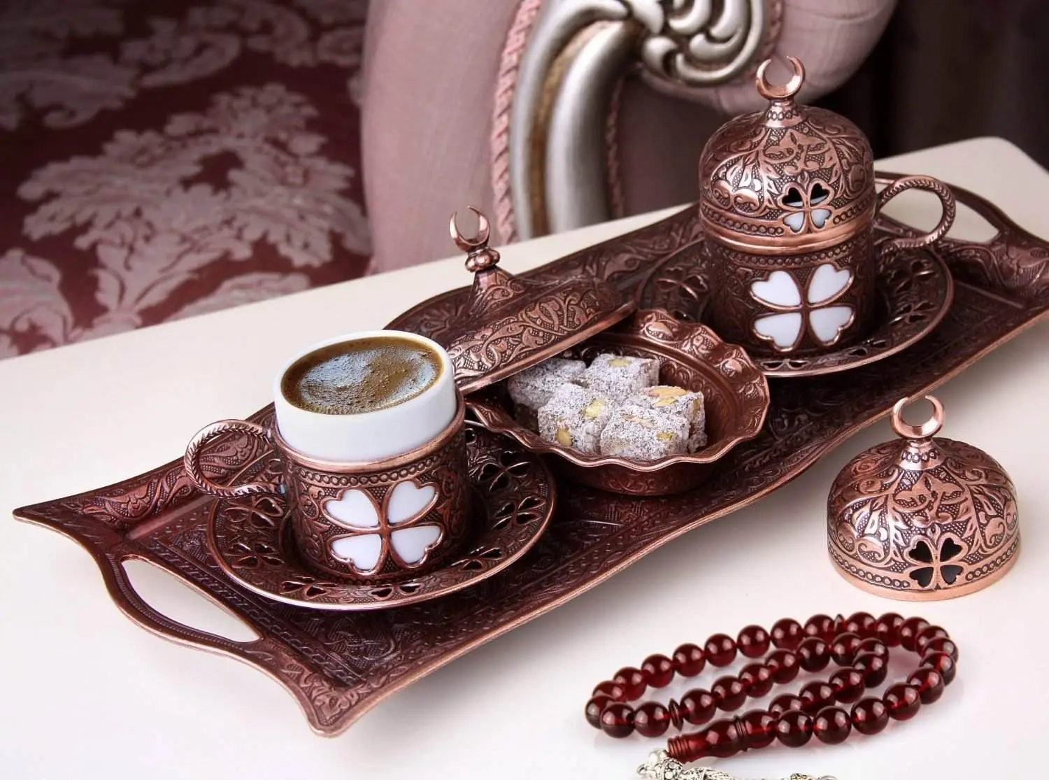 

Pieces Turkish Greek Arabic Making Serving Gift Set with Copper Pot Maker, Cups Saucers, Tray, Sugar Bowl & 6.6 Oz