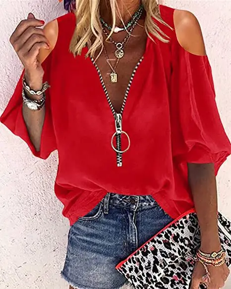 

Women's Solid Color V-Neck Zipper Casual Top T-Shirt Ladies Lantern Short Sleeve Loose Shirt 2022 Summer New Fashion Shirt