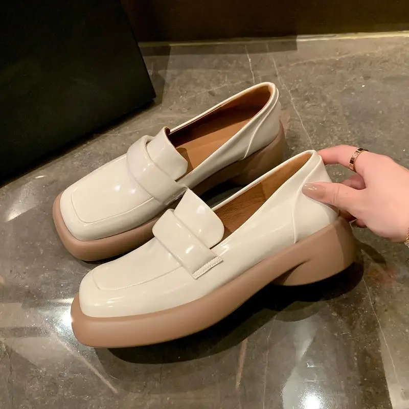 2023 New Natural Genuine Leather Women Heels Shoes Square Toe Thick-soled Waterproof Platform Fashion High Heel Shoes