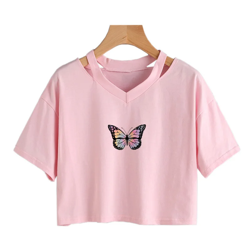 

Summer Women's T-Shirt Butterfly Pattern Crop Top Girls Short Sleeve T-Shirt Fashion Vintage V-Neck Cute Crop Top B4238