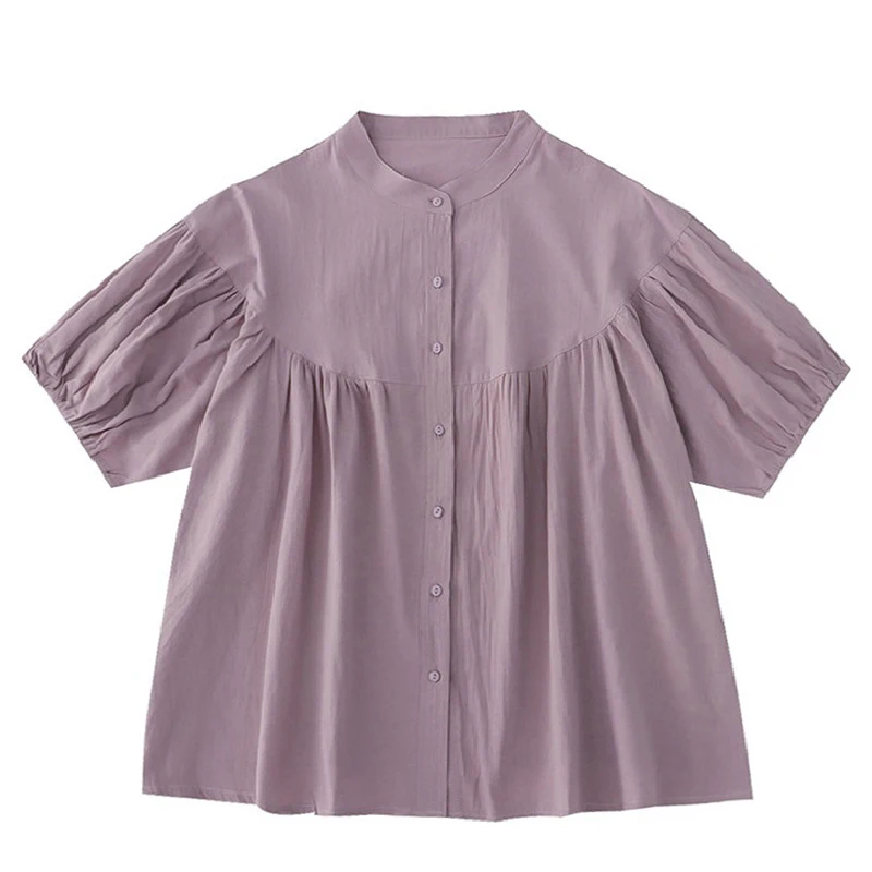 

Bebobsons Summer New Purple Short Sleeve Shirt Shirts Women's Cropped Single Breasted Top Blusas Elegantes