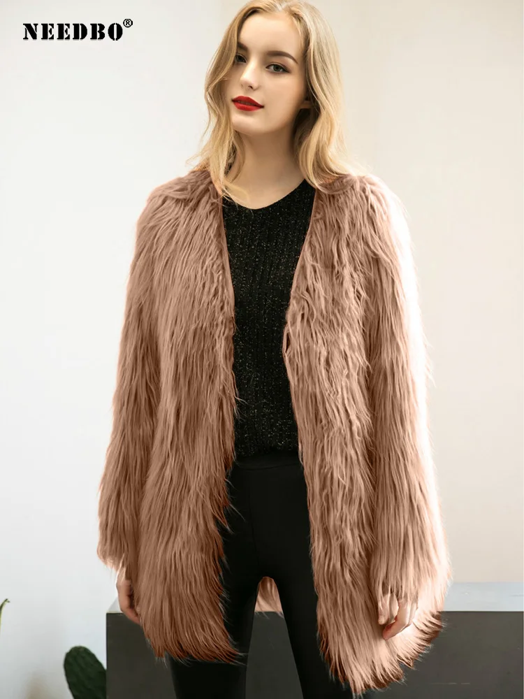 Fashion Fur Coats Women Autumn Winter Top Fashion Pink Faux Fur Coat Elegant Thick Warm Faux Fur Jackets Top Female