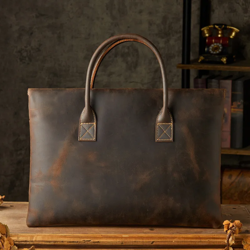 Retro Fashion Designer Top Crazy Horse cowhide Men's Handbag Daily Outdoor Office Lawyer Real leather 17 Inch Briefcase teenager