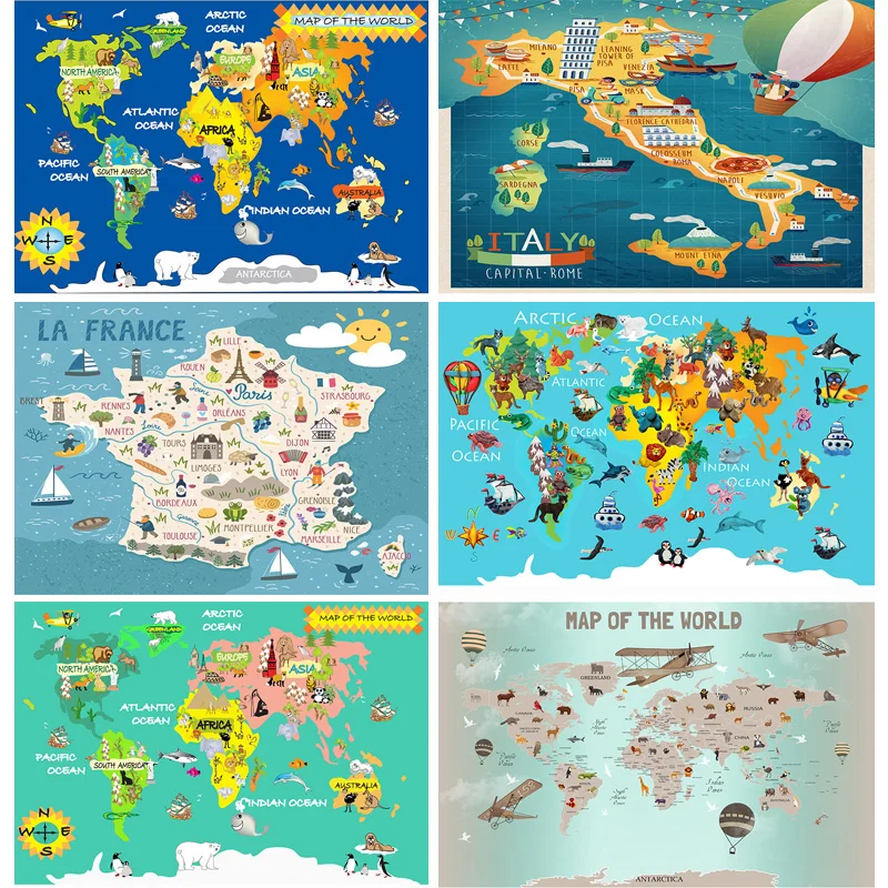 

Vinyl Photography Backdrops Props Physical Map of The World Kids World Map With Animals and Objects Studio Background 22625-18