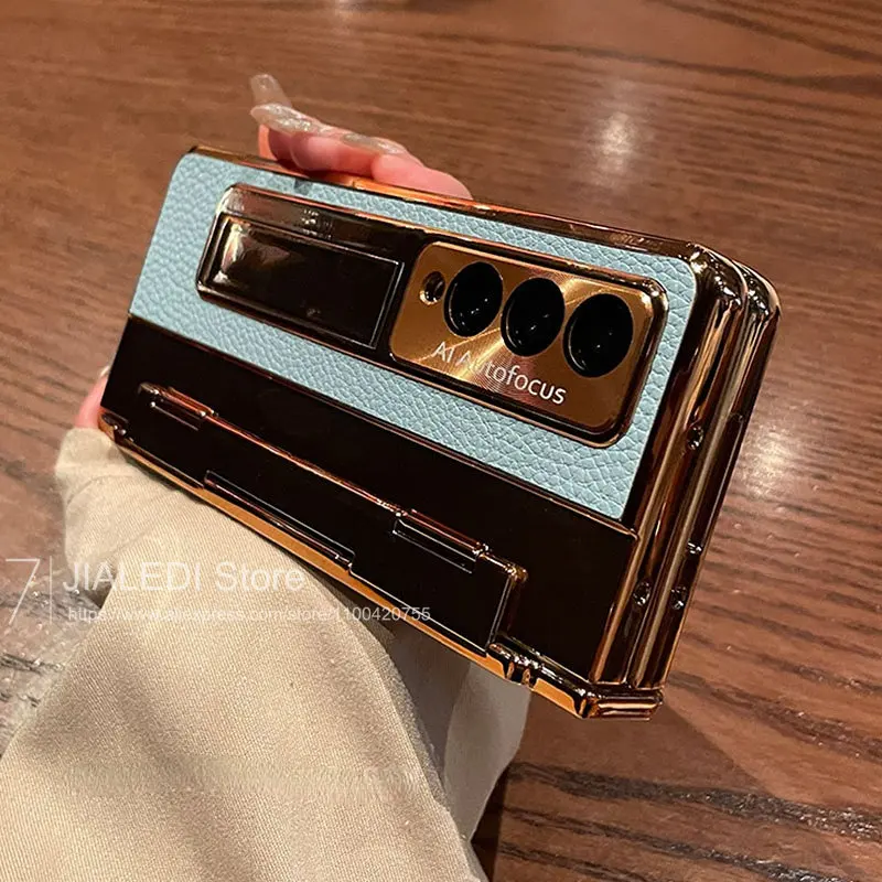 

Leather Plating Holder Hinge Phone case For Samsung Galaxy Z Fold 4 Luxury Z Fold 3 Cover