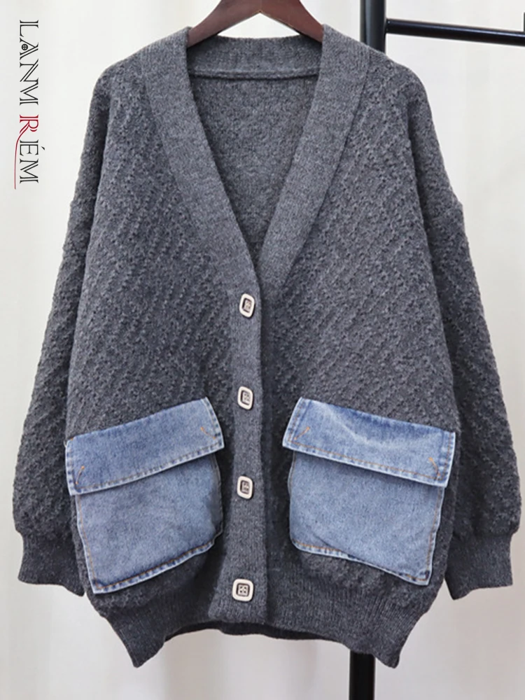 

LANMREM соединенный внакрой деним свитер для женщин с v-образным вырезом и длинными рукавами однобортная Корейская трикотажная одежда 2023 Осень новинка 2YA3672