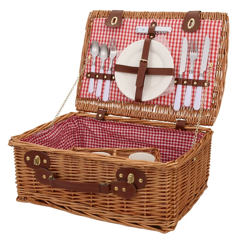 

Picnic Basket Set With Lining Picnic Hamper With Ceramic Plates Flatware For Birthday Wedding Picnic And Festivals