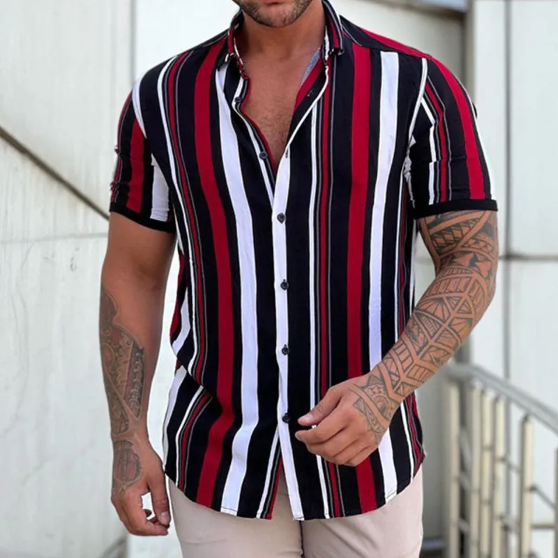 Hawaiian Shirt Men Summer Geometric Stripe Print Short Sleeve Button Shirts Blouse Top Loose Casual Breathable Male Clothing