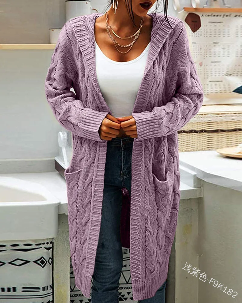 

2023 Women Sweater Mid-Length Women'S Overcoat Cardigan Solid Color Hooded Twisted Knitted Open Loose Sweaters