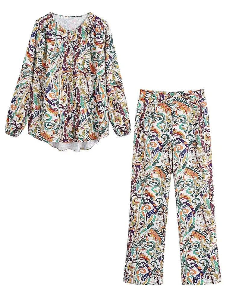

Elegant Women Floral Print BOHO Shirt O-Neck Casual Girls Long Sleeve High Waist Loose Straight Trousers 2 PCS Streetwear