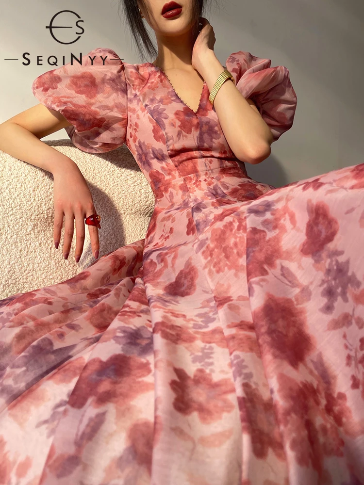 

SEQINYY Romantic Dress Summer Spring New Fashion Design Women Runway Lantern Sleeve Ink Flowers Red Print Ball Gown Elegant