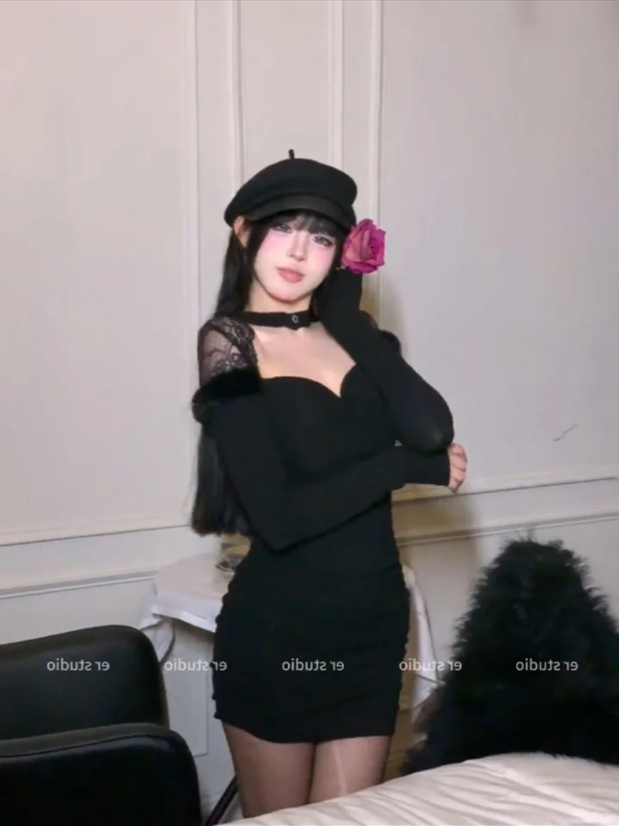 Pure Sexy Lace Furry Patchwork Hollow Long sleeve dress Women Winter New Waist Hugging Hip Skirt Short