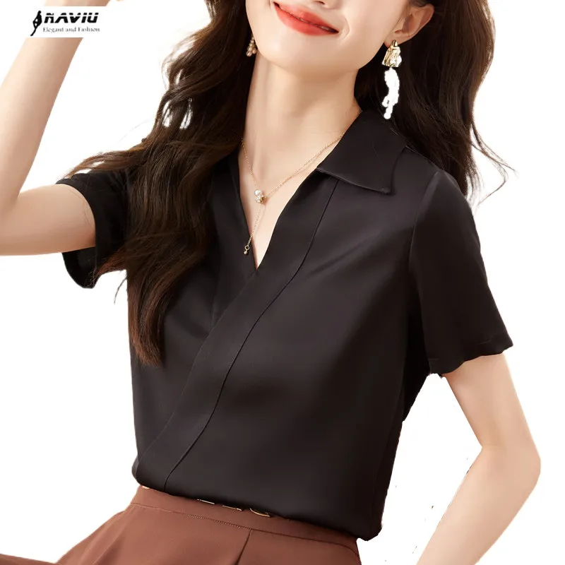 

Рубашка NAVIU женская с V-образным вырезом, модная блузка с коротким рукавом, свободного покроя, приталенная, офисный Топ для работы, белая, лето 2023
