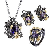ajojewel luxury vintage purple crystal jewelry sets for women black gold color flower tree vine necklace ring earrings gift item