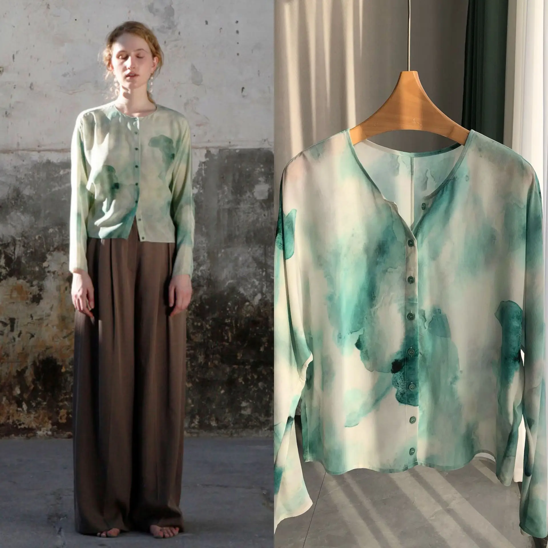 

Blue Ink Printed Sand Washed Silk Crepe Double Round Neck Shirt