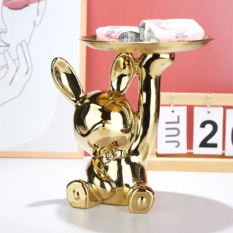 

Фигурка кролика 2023 года, коробка для хранения с металлическим подносом, Статуэтка из смолы, украшение для дома, декоративное украшение для гостиной