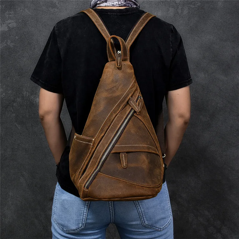 Vintage large-capacity multifunctional crazy horse cowhide men's chest bag casual design natural genuine leather crossbody bags
