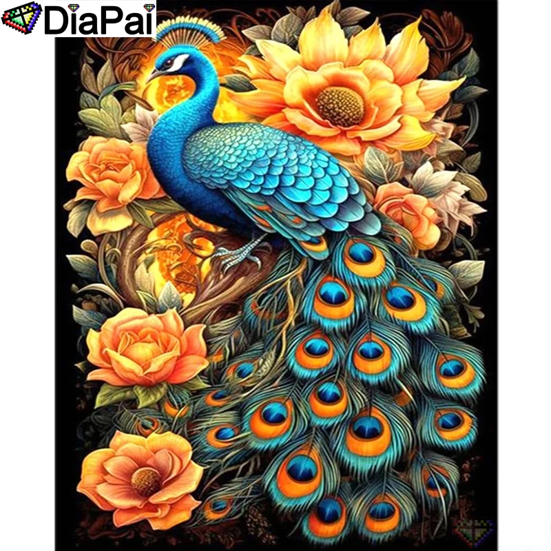 

DIAPAI Full Diamond Embroidery "Flower Animal Peacock" Diamond Painting Cross Stitch Patterns Rhinestone Unfinished Home Decor
