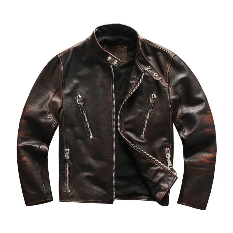 

Мужская винтажная байкерская куртка, коричневая облегающая байкерская куртка из натуральной воловьей кожи, модель 3XL на осень, 2023