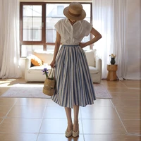 scrunched skirt women 2022 a line high waist vintage long elegant skirts korean linen cotton female chic striped pleated skirt