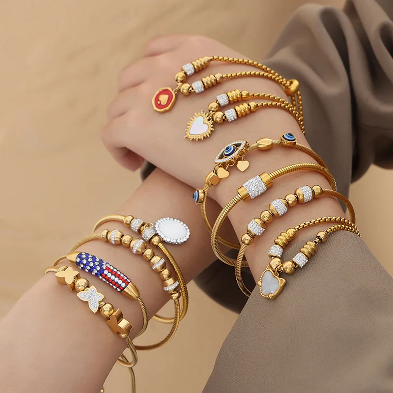 

Minar Dainty Multiple Enamel Heart Evil Eyes Coin Pendant Bracelet for Women 18K Gold Silver Stainless Steel Charm Bracelets