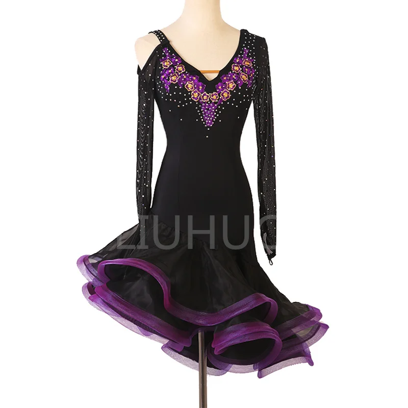 

Женское платье для латиноамериканских танцев, профессиональное платье с двумя рукавами для соревнований по индивидуальному заказу