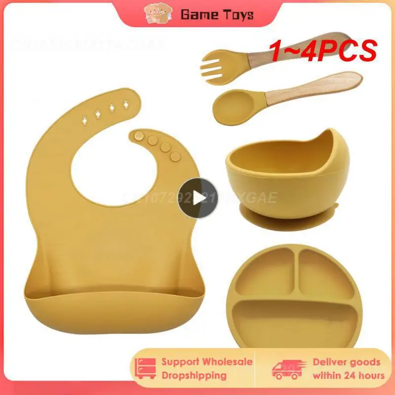 

1~4PCS Silicone Baby Feeding Set BPA Free Suction Bowl Divided Plate Wooden Handle Spoon Fork Silicone Bibs Children Tableware