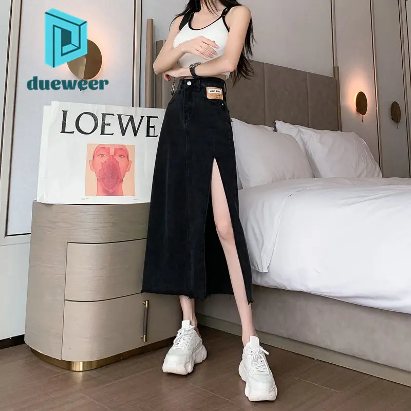 

Женская джинсовая юбка с разрезом по бокам DUEWEER, элегантная длинная трапециевидная юбка средней длины с высокой талией, пикантная корейская...