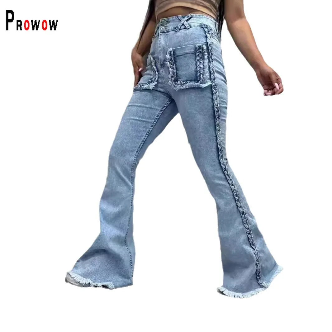 Prowow модные женские джинсы 2024 новый дизайн расклешенные брюки с высокой талией