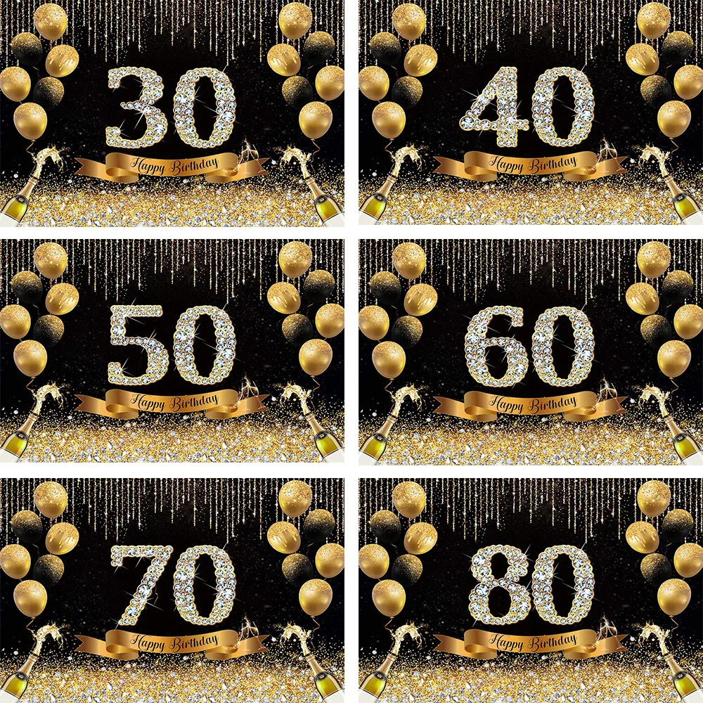 

30 40 50 60 70 80 Birthday Backdrops Black Gold Balloons Silver Glitter Diamond Decor Anniversaire Poster Photography Background