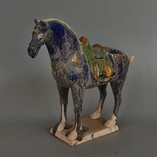 

Chinese Tang Tri-Color Glazed Ceramics Blue War Horse Porcelain Statue 8.9 inch