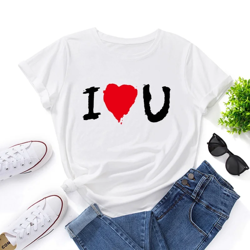 

I Love You Pattern Women's Cotton Round Neck Short Sleeve T-Shirt Collision Casual Loose Plus Size Women's Tops