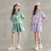 summer girls cotton suit kids short sleeve t shirts top skirts 2pc skirt set child sports clothing casual girl outfits 5 to 14