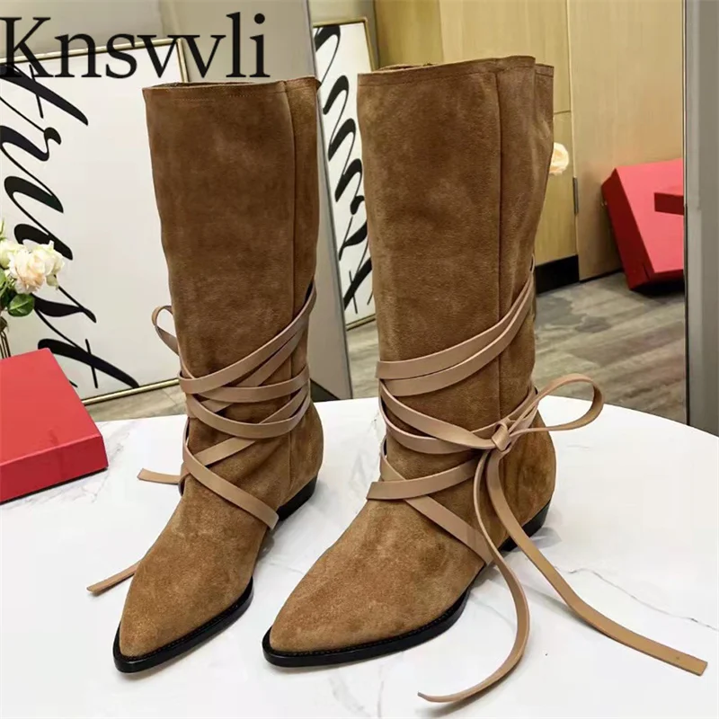 

New Cross-tied West Cowboy Boots Women Cow Suede Flat Shoes Ladies Novelty Pointy Toe Knee-High Riding, Equestrian Boots Woman
