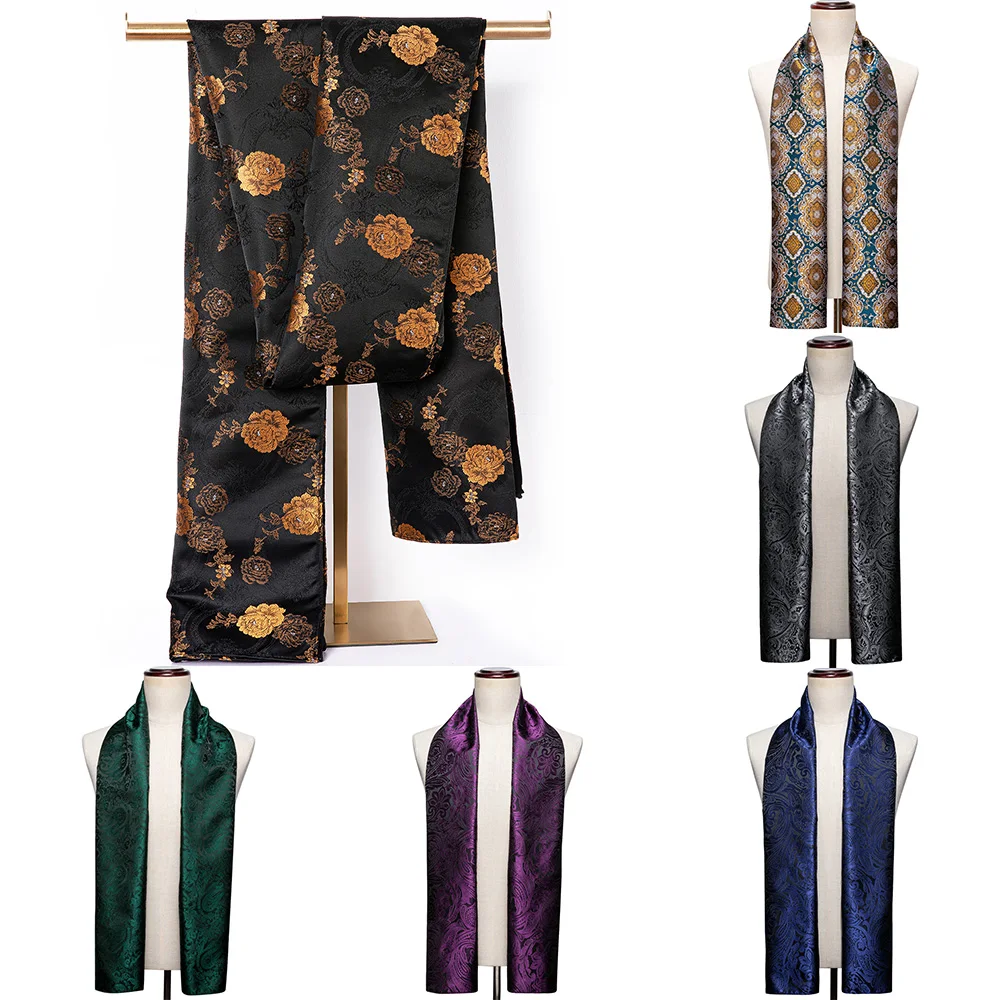 Модный Шелковый шарф для мужчин черный золотистый Цветочный весенний осенний