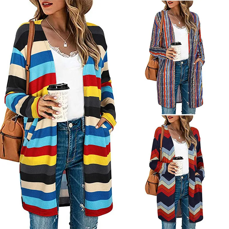 

Women's Cardigan Long Sleeve Medium Long Simple Coat Female Spring Autumn Wear Colorful Stripes Printing Loose Clothes Polyester
