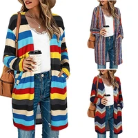 womens cardigan long sleeve medium long simple coat female spring autumn wear colorful stripes printing loose clothes polyester