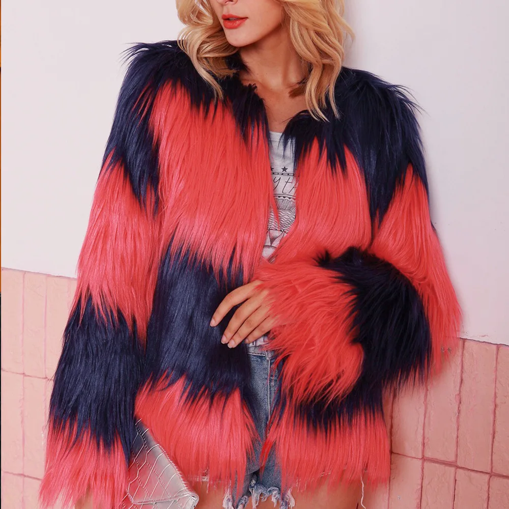 Women's Leather Fur Coat Fashion Imitation Fur Contrast Color Fall Winter Coat Women's Furry Coat Faux Fur Coat