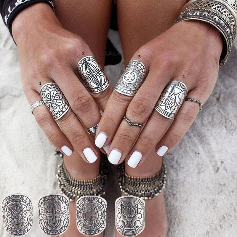 

4Pcs Vintage Rings Ethnic Carved Silver Plated Boho Midi Finger Phalanx Ring Set Knuckle Turkish Jewelry Gypsy