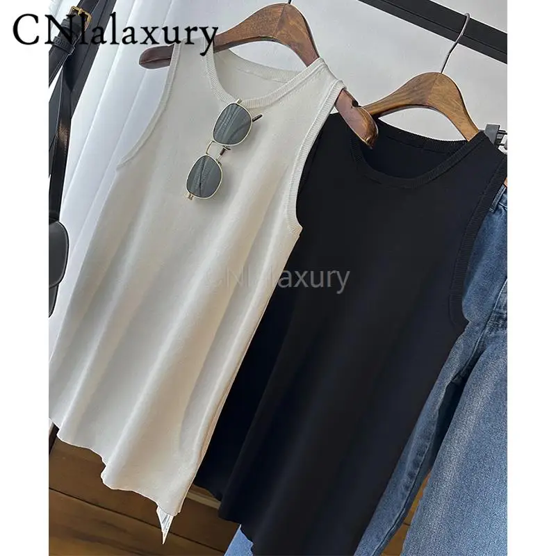 

Новинка весна-лето 2023, Женский трикотажный жилет CNlalaxury без рукавов с круглым вырезом и резинкой, Женские однотонные тонкие простые топы, Женская универсальная майка