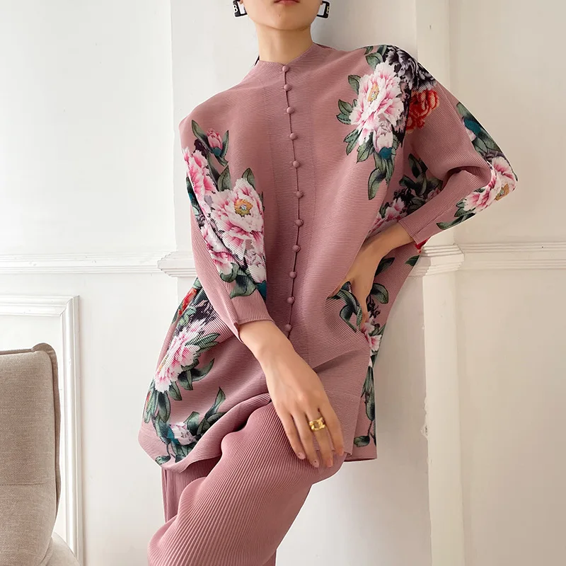 Женский плиссированный костюм миаке свободная однобортная рубашка с принтом в