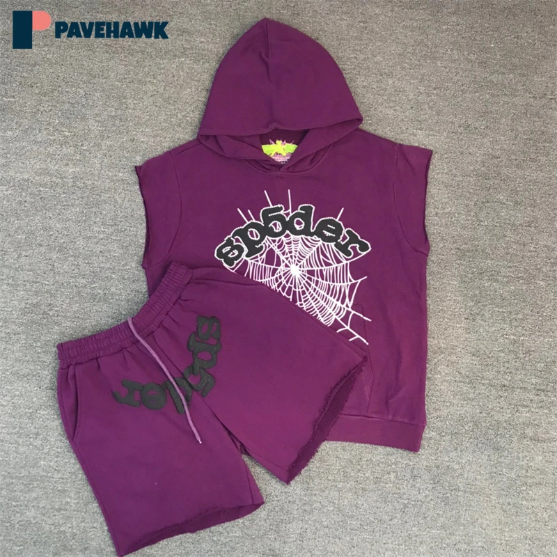 

Letter Print Brand 555555 Sleeveless Hooded Short Sleeve Shorts Men Women High-street Hoodies Spider Web Pullovers Sweatpants