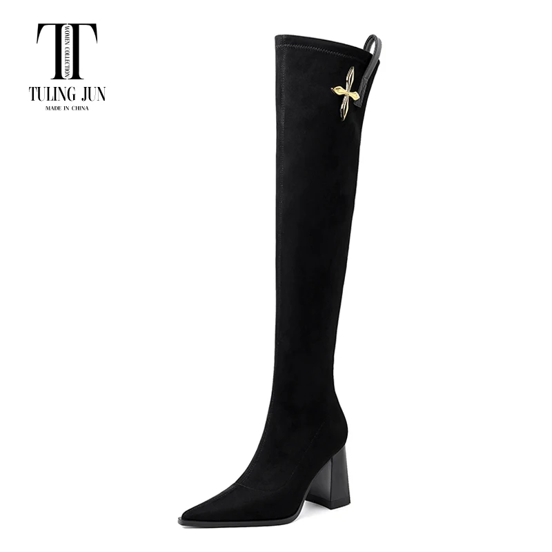 

Женские эластичные ботинки TULING JUN, зимние элегантные темпераментные удобные модные ботинки с острым носком на массивном высоком каблуке, 2023