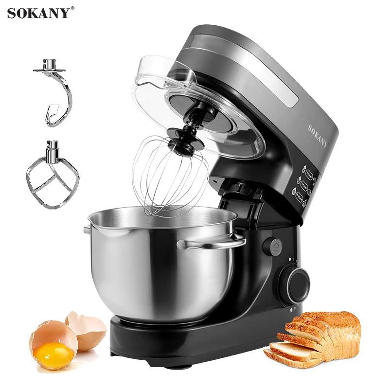 SOKANY 4L Household Stand Food Mixer 12+ Speed Dough Machine Stainless Steel Dough Mixer Dough Hook Wire Whisk Splash Guard 9107