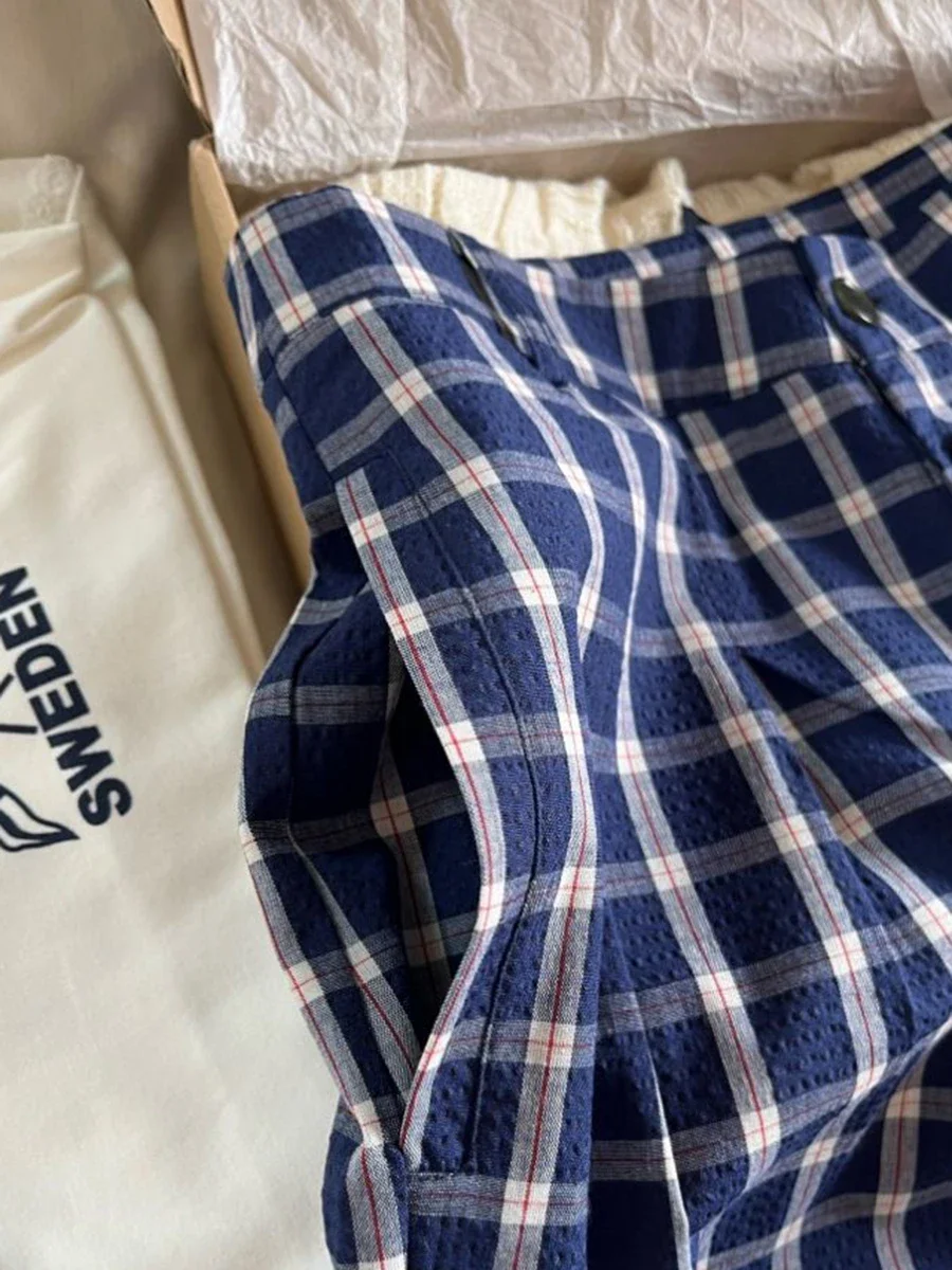 Женские прямые длинные брюки в клетку синие свободные с высокой талией на