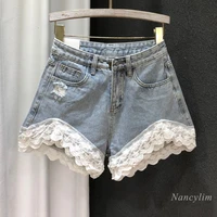 2022 summer womens hot pants new korean style patchwork lace wide leg a line ripped denim shorts girls ladies street