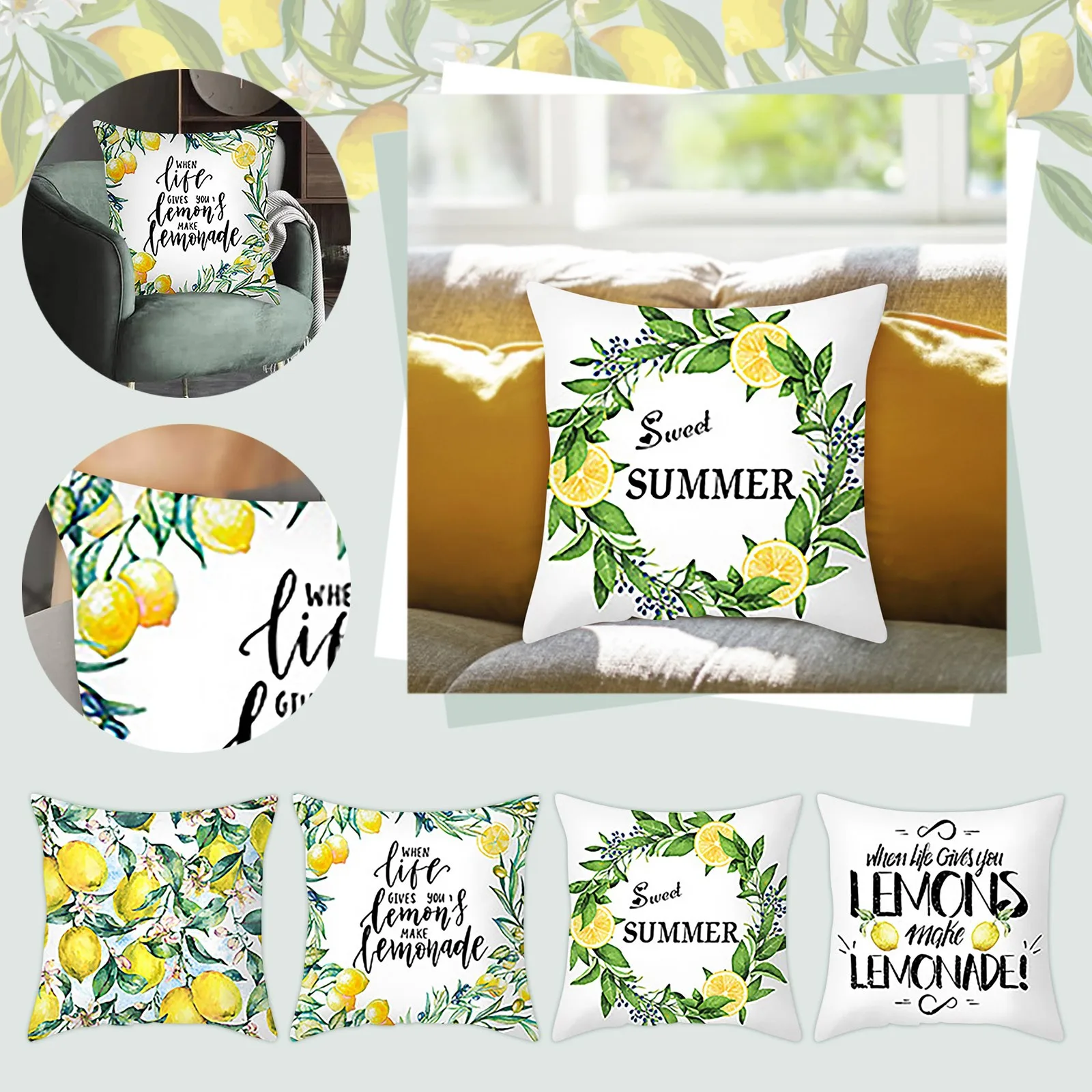 

Lemon Summer Home Sofa Cover Decorative Cushion Pillowcase Throw Pillow Covers Green