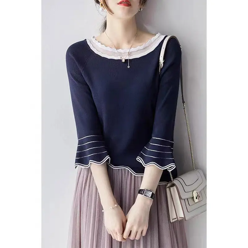 

Stylish Loose Knitted Spliced Gauze Ruffles Flare Sleeve Blouse Women's Clothing 2023 Spring New Casual Pullovers Commute Shirt